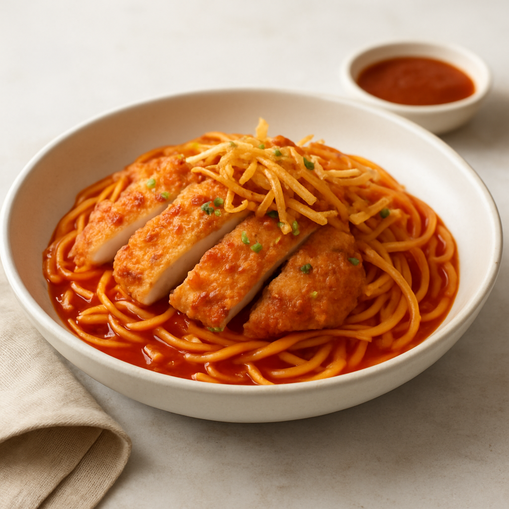 Umami Fusion Crispy Chicken Pasta with Soy-Tomato Glaze