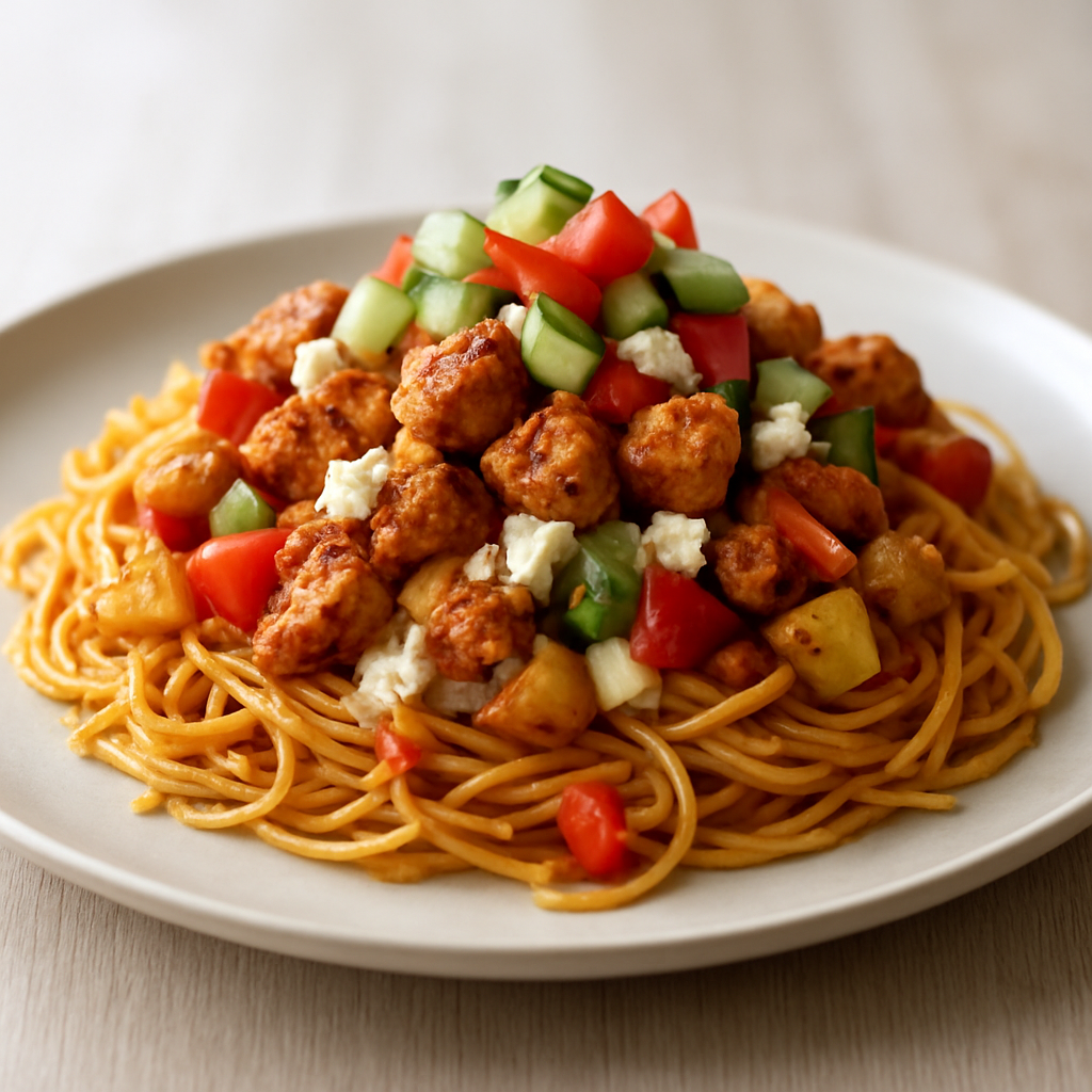 Mediterranean-American Fiesta Pasta: Chicken Sofritas with Tahini-Butter Sauce
