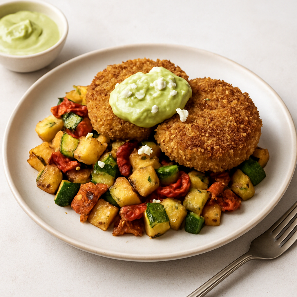 Crispy Buckwheat-Crusted Crab Cakes with Avocado-Lime Crema and Roasted Mexican Vegetable Hash