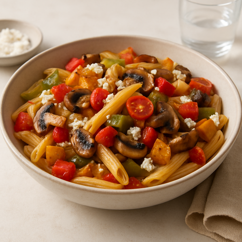 Middle Eastern Roasted Bell Pepper and Mushroom Pasta with Garlic and Cheese