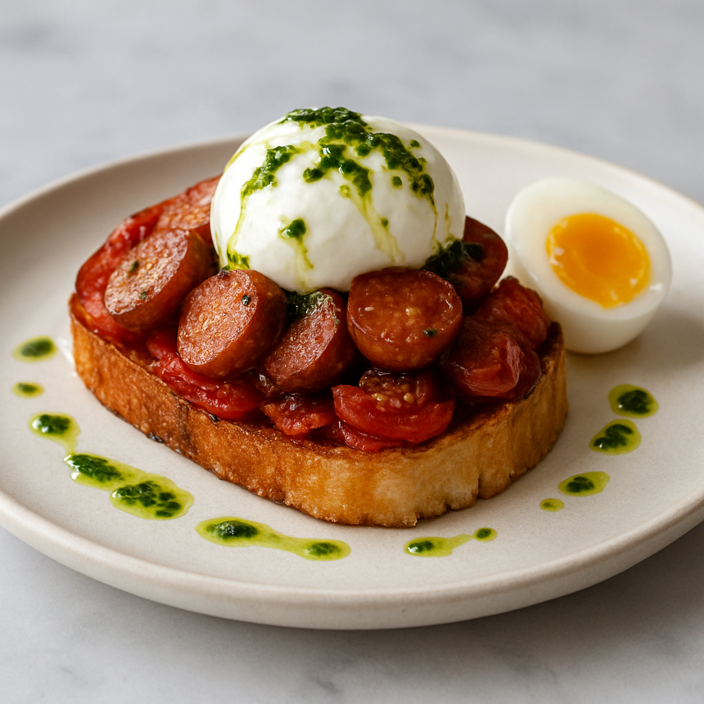 Crispy Sausage and Tomato Tartine with Burrata Foam and Herb Oil