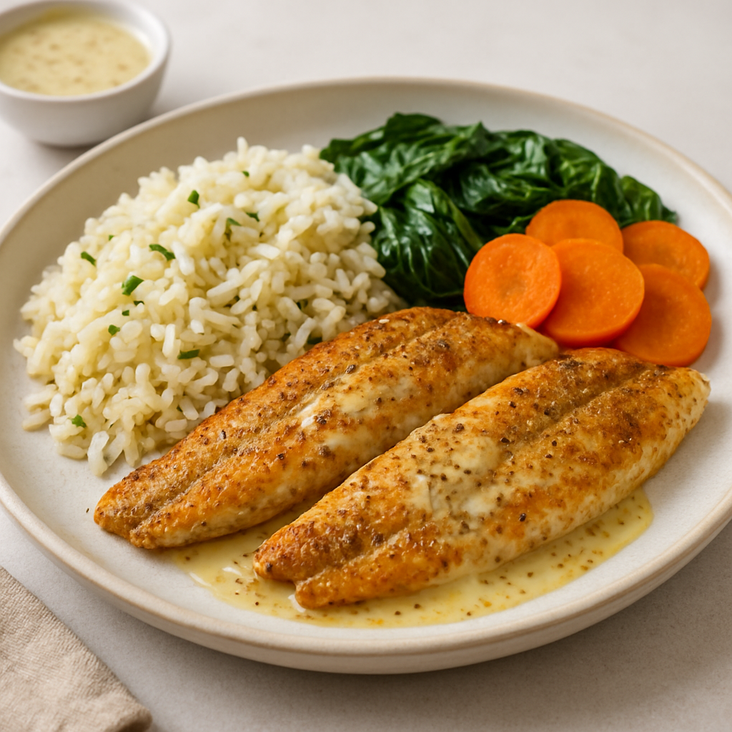 Pan-Seared Merlan with Mustard Butter Rice and Spinach