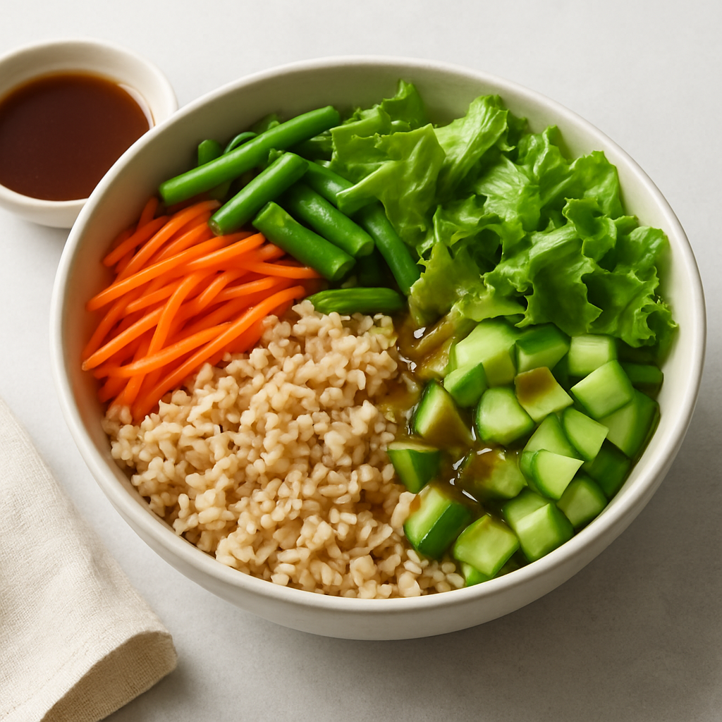 Asian-Inspired Brown Rice Bowl with Ginger-Soy Dressing and Fresh Vegetables