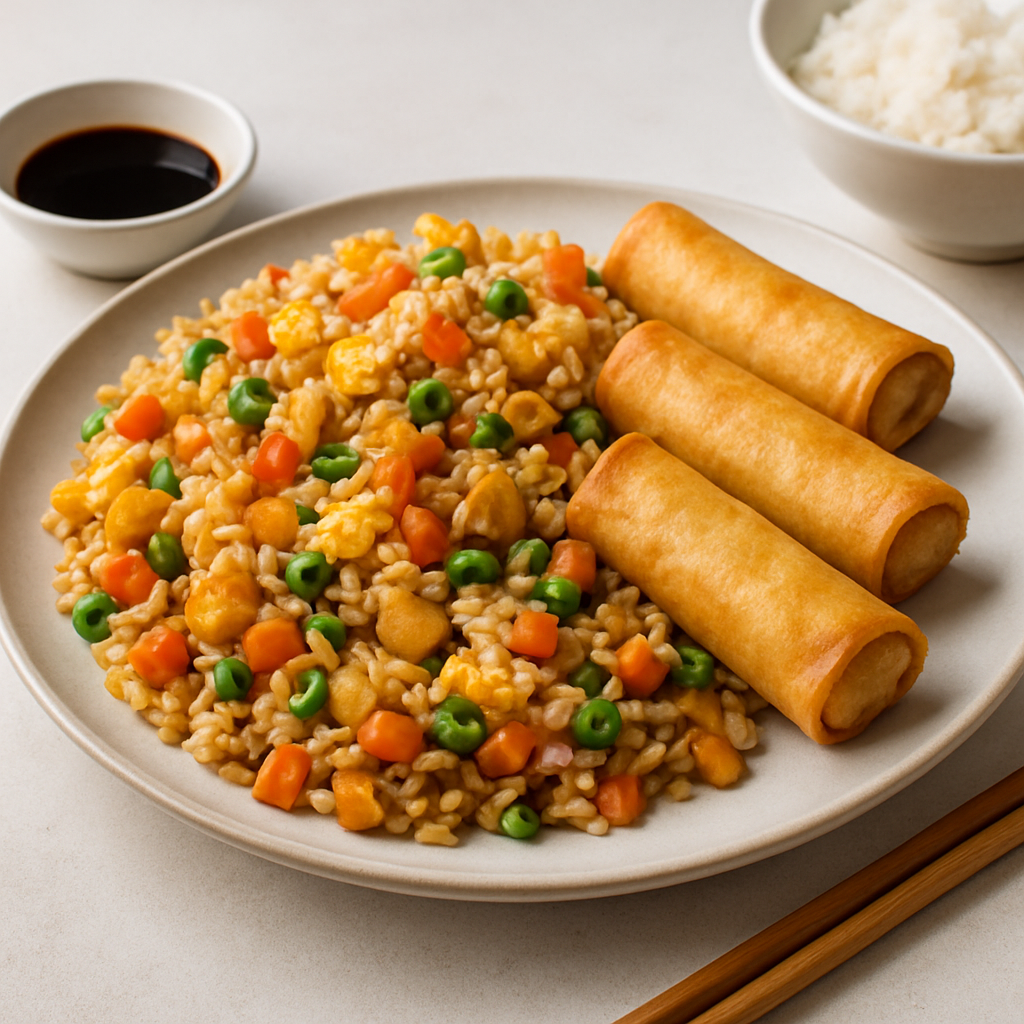Chinese Fried Rice with Spring Rolls and Egg