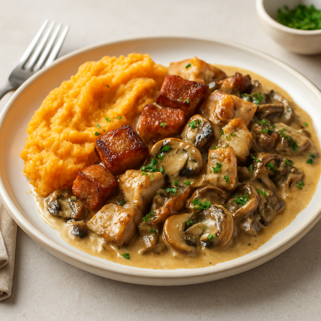 Creamy Pork Belly and Mushroom Chicken with Root Vegetable Mash