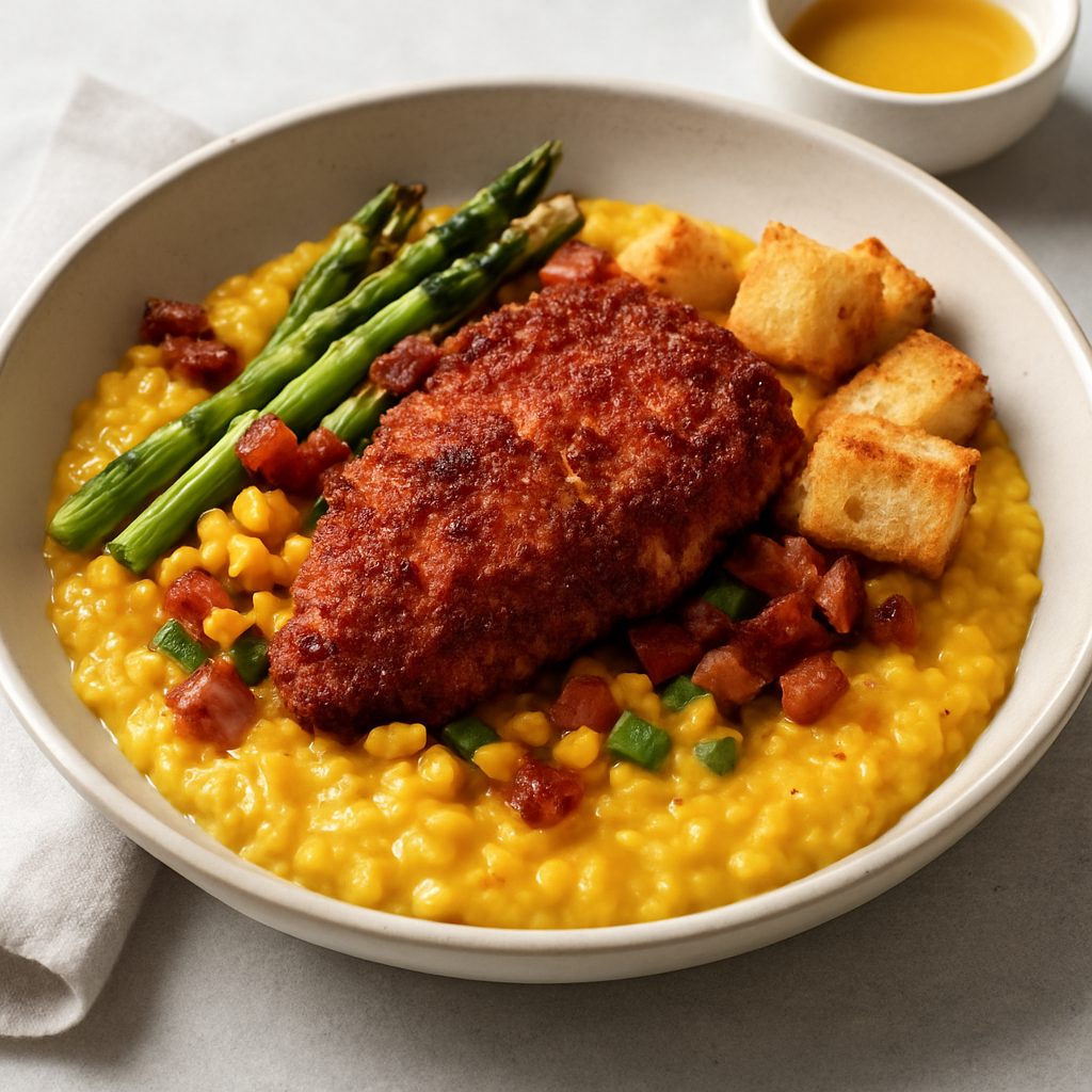 Global Harmony Bowl: Saffron Bacon Risotto with Thai-Mexican Crispy Chicken & Mediterranean Vegetables