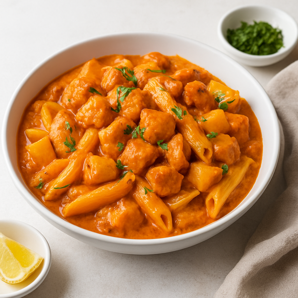 Indian Spiced Chicken and Potato Curry with Creamy Pasta