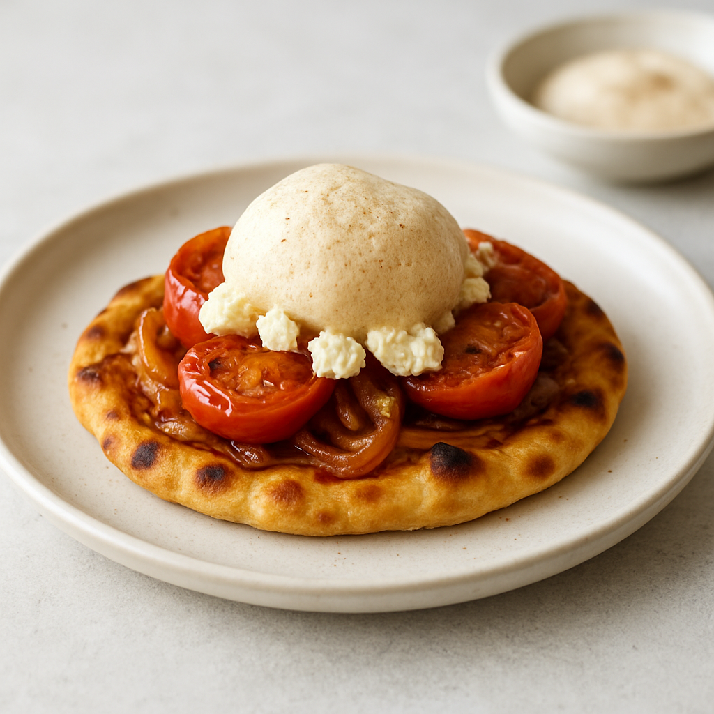 Caramelized Tomato & Cheese Naan Tart with Brown Butter Foam