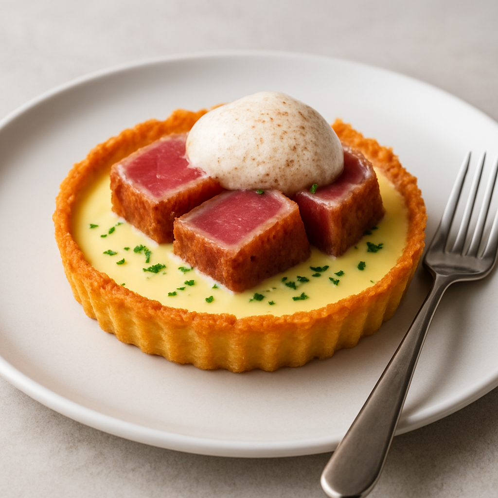 Seared Tuna Custard Tart with Crispy Cheese Crust and Spiced Cream
