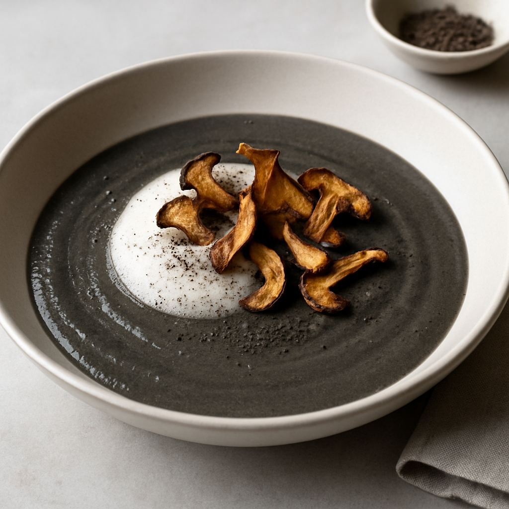 Charred Mushroom Velouté with Garlic Ash and Crispy Mushroom Chips