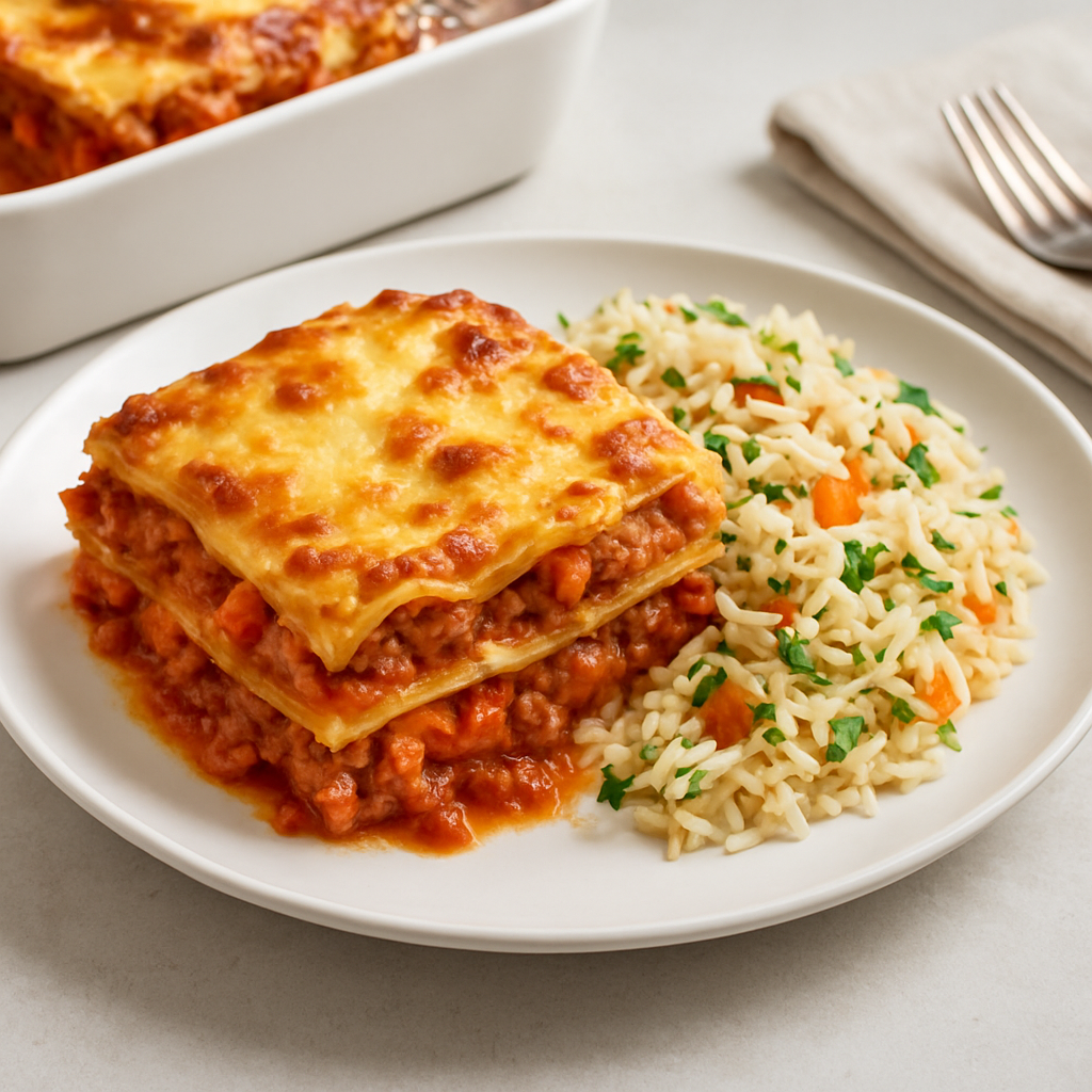 French-Style Tuna and Vegetable Lasagne with Rice Pilaf