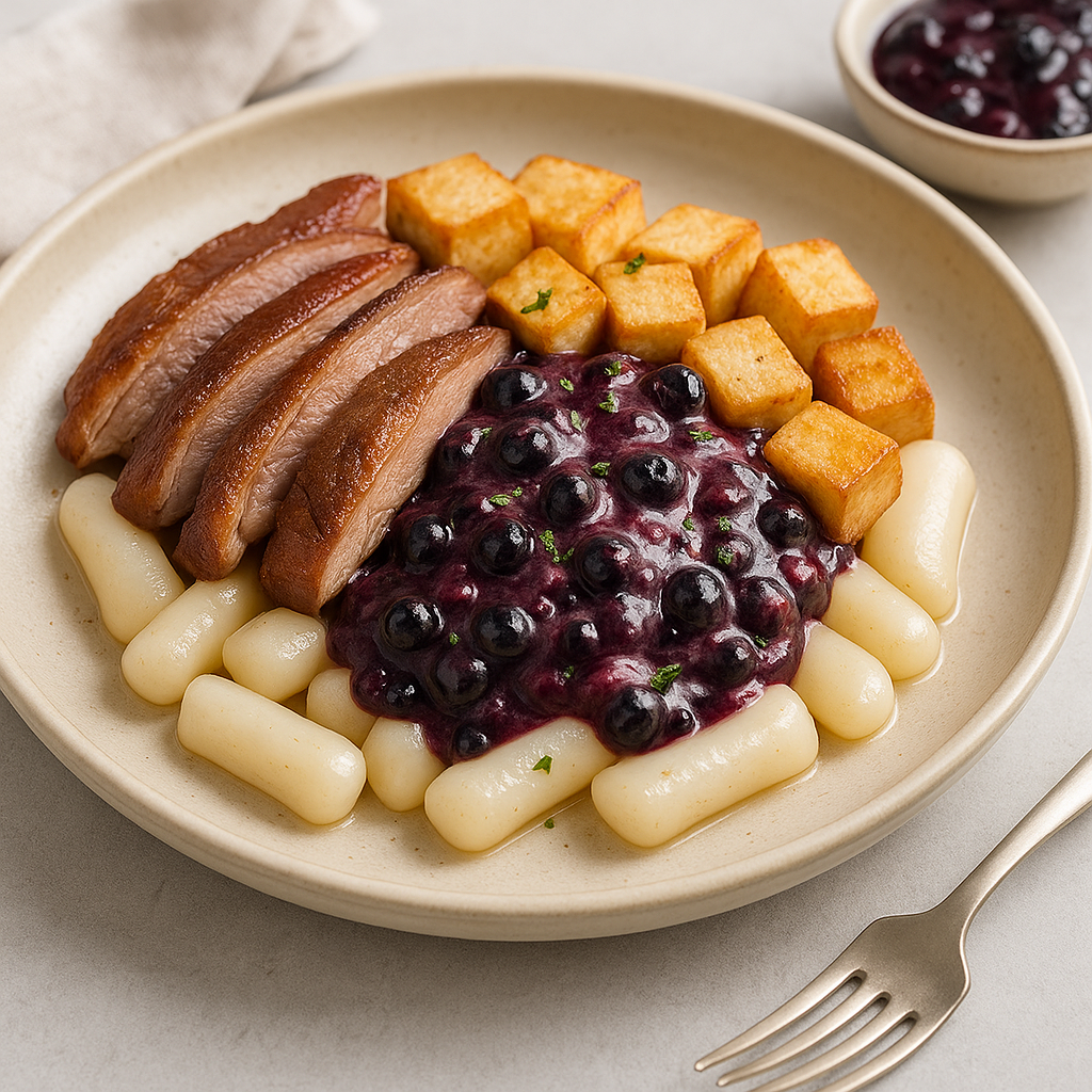 Crispy Duck & Tofu Rice Cakes with Blueberry Mozzarella Sauce