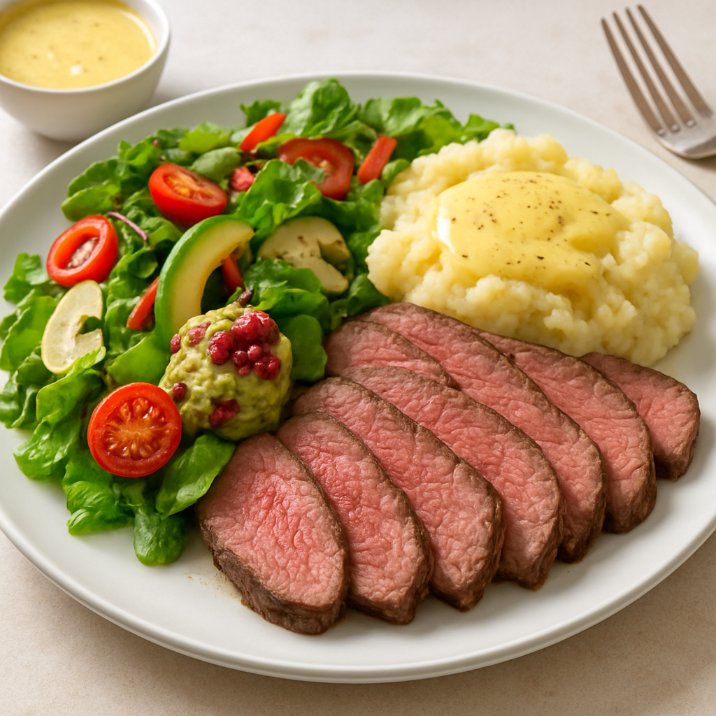 Classic American Roast Beef Plate with Hollandaise and Garden Salad