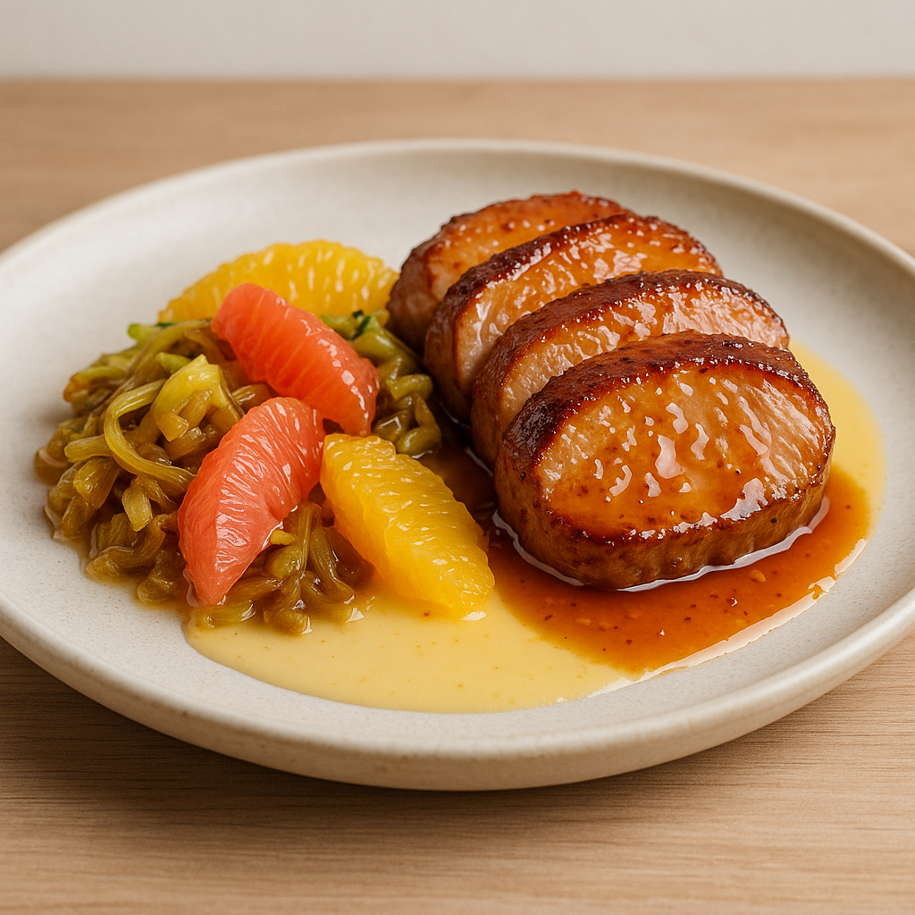 Citrus-Glazed Five-Spice Duck Breast with Beurre Blanc and Grapefruit-Leek Confit