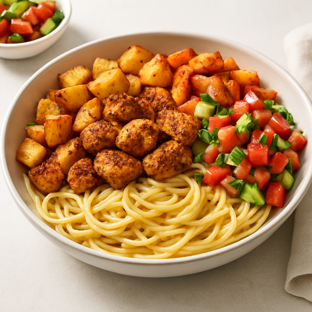 Mediterranean-American Fiesta Pasta Bowl with Zaatar Chicken & Roasted Vegetables