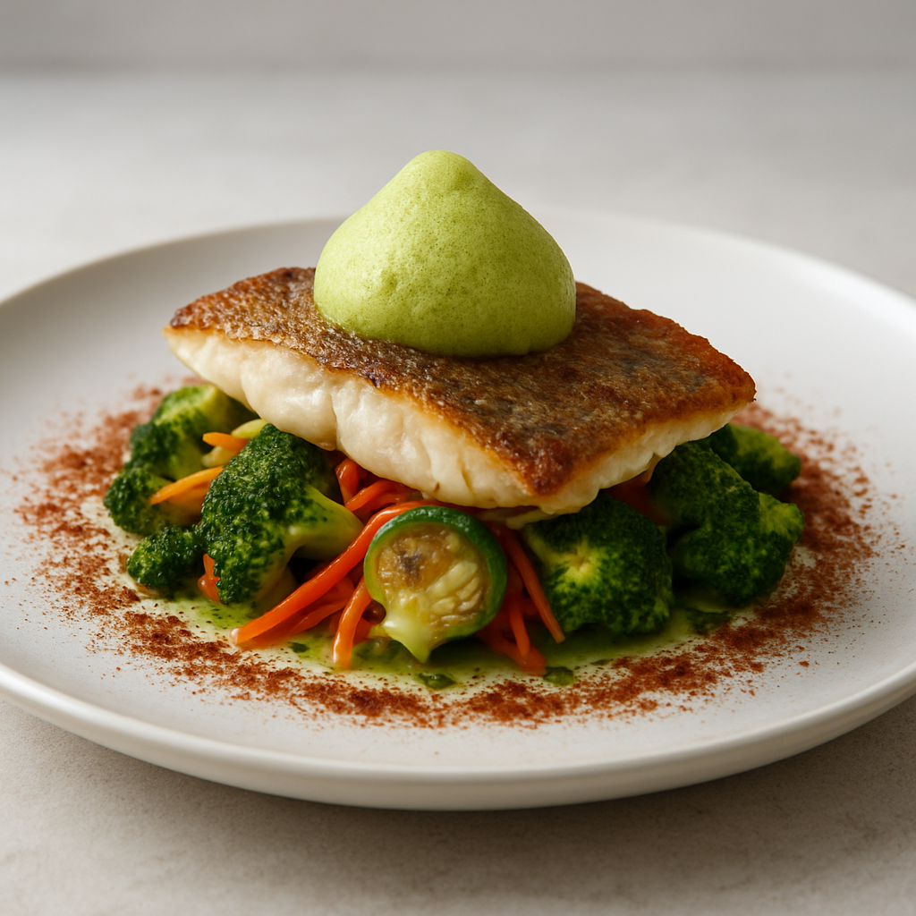 Crispy Perch Carpaccio with Charred Vegetable Dust and Salsa Verde Foam