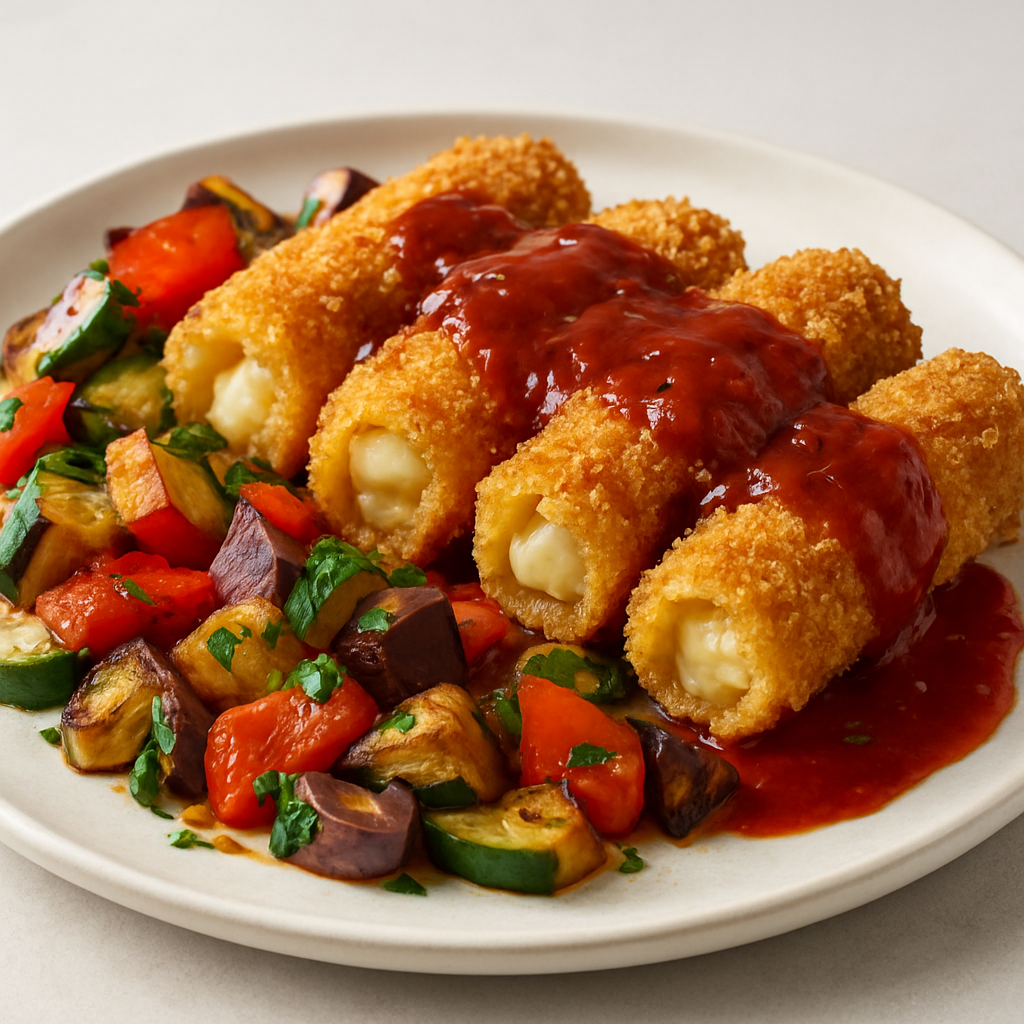 Umami Fusion Crispy Pasta with Miso-Gochujang Sauce and Mediterranean Vegetables