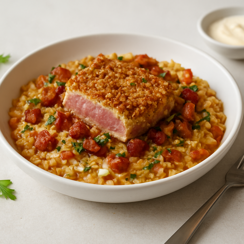 Pan-Global Umami Risotto with Crispy Bacon & Tuna Crust