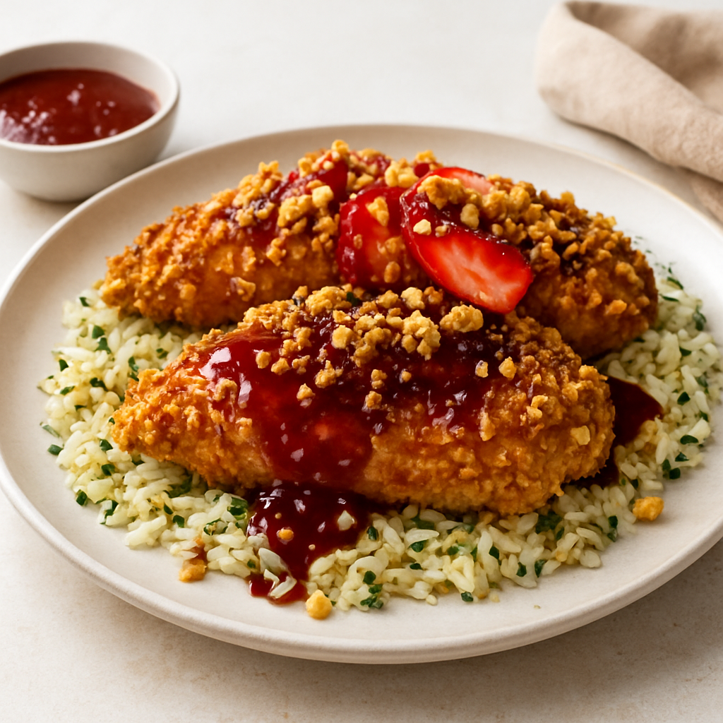 Crispy Peanut Butter Chicken with Strawberry-Barbecue Glaze & Herb Rice Pilaf