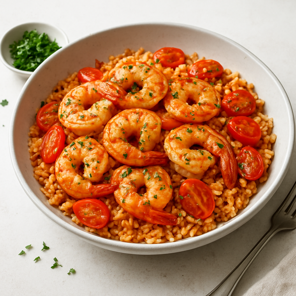 Mediterranean Garlic Prawns with Tomato Rice