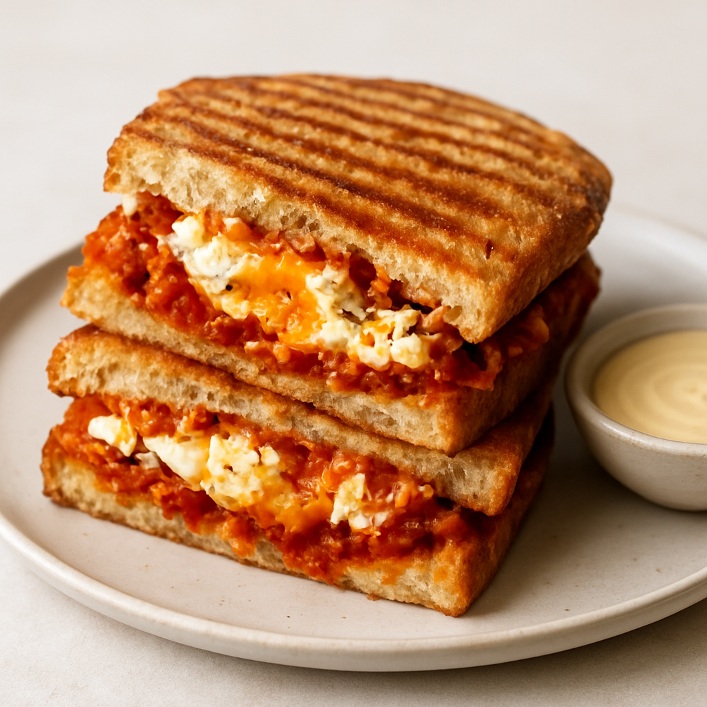 Crispy Kimchi-Feta Shakshuka Panini with Thai-Miso Cream