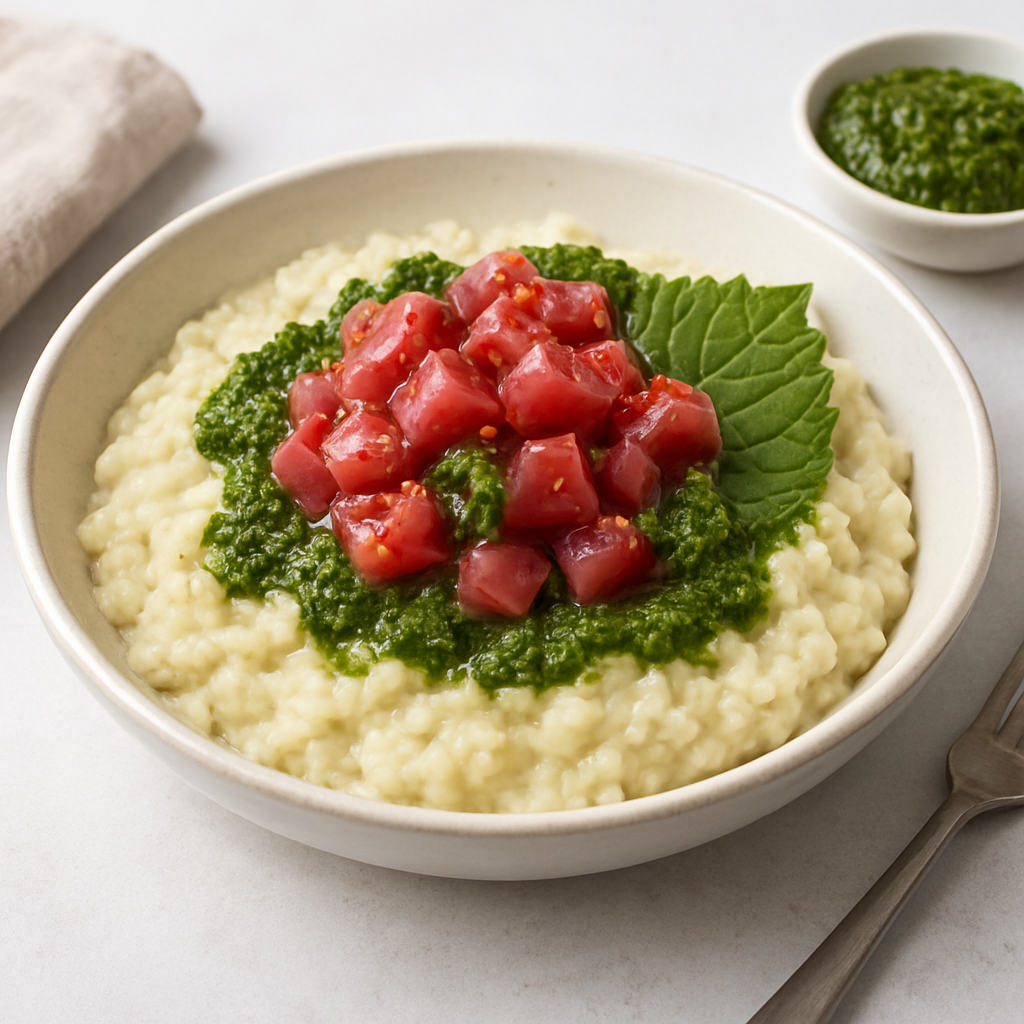 Spicy Tuna Cauliflower Risotto with Perilla Pesto