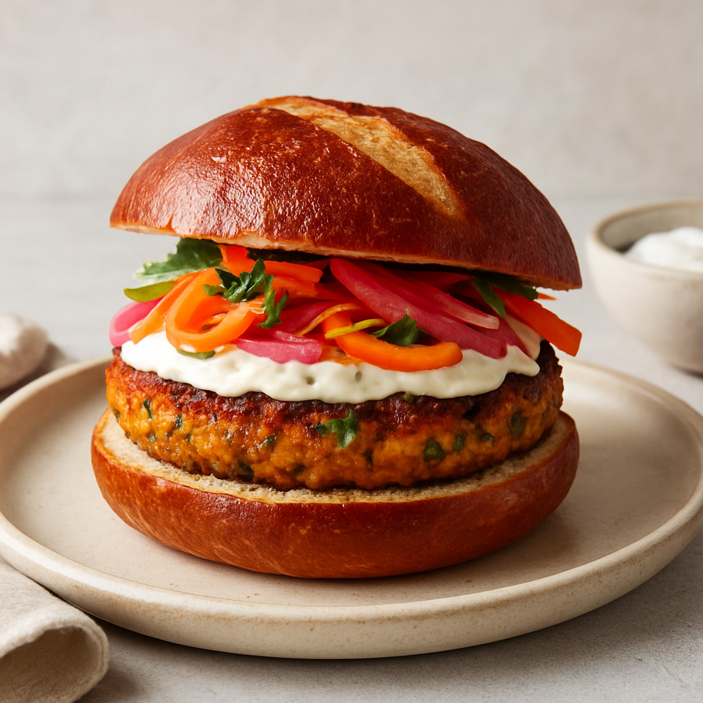 Mediterranean-Indian Spiced Burger Stack with Greek Yogurt Aioli and Crispy Laugen Baguette