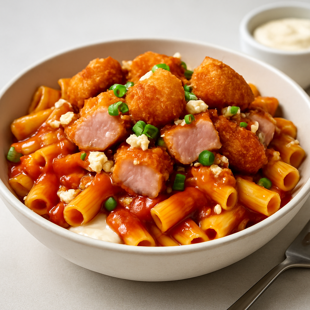 Crispy Tuna Pasta Fusion Bowl with Gochujang-Tomato Glaze