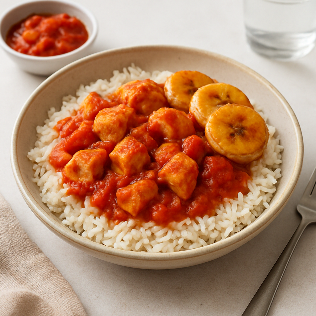 Tomato Chicken and Rice Bowl with Caramelized Banana