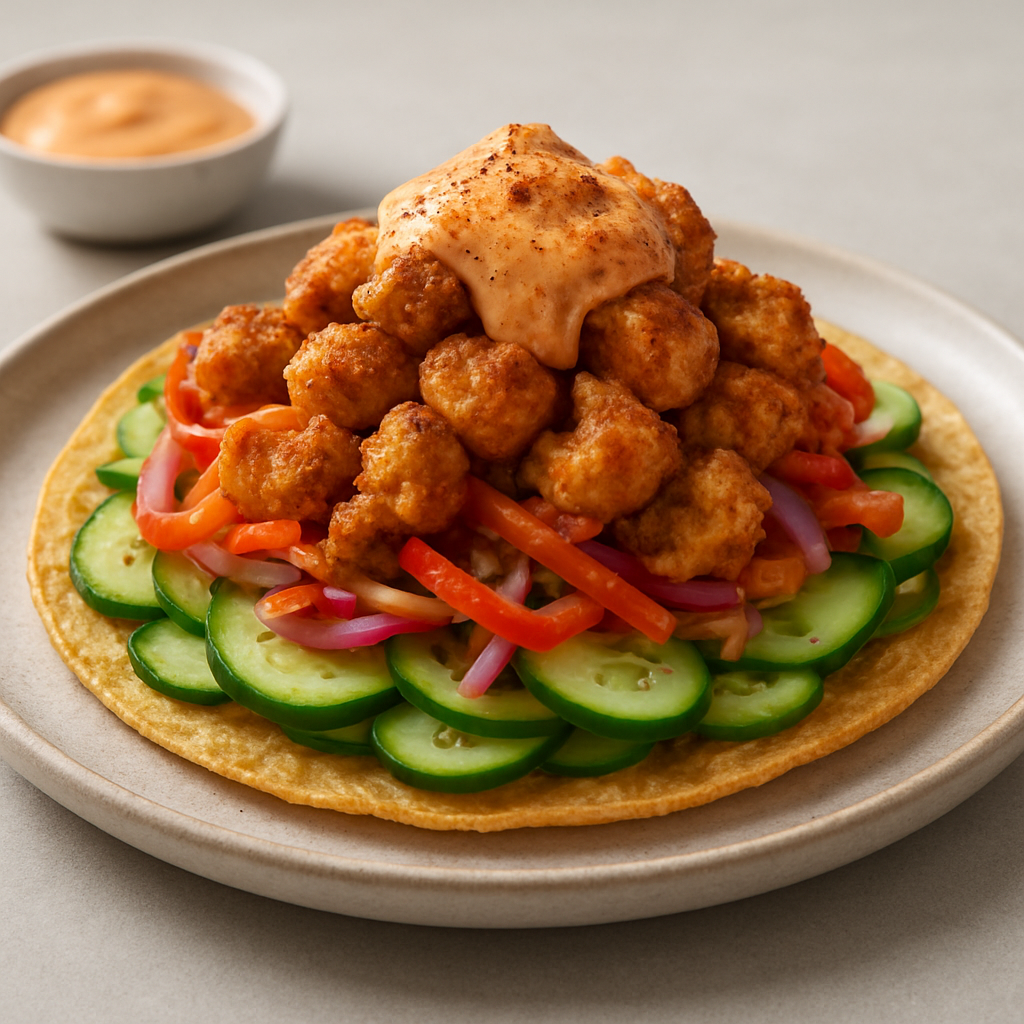 Crispy Chicken Tostada Salad with Pickled Cucumber & Paprika Aioli