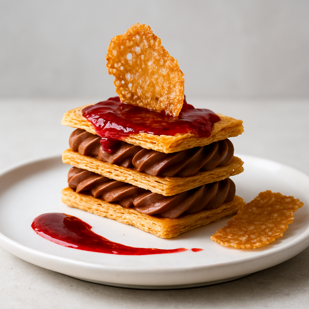 Chocolate-Peanut Butter Mille-Feuille with Jam Coulis and Crispy Tuile