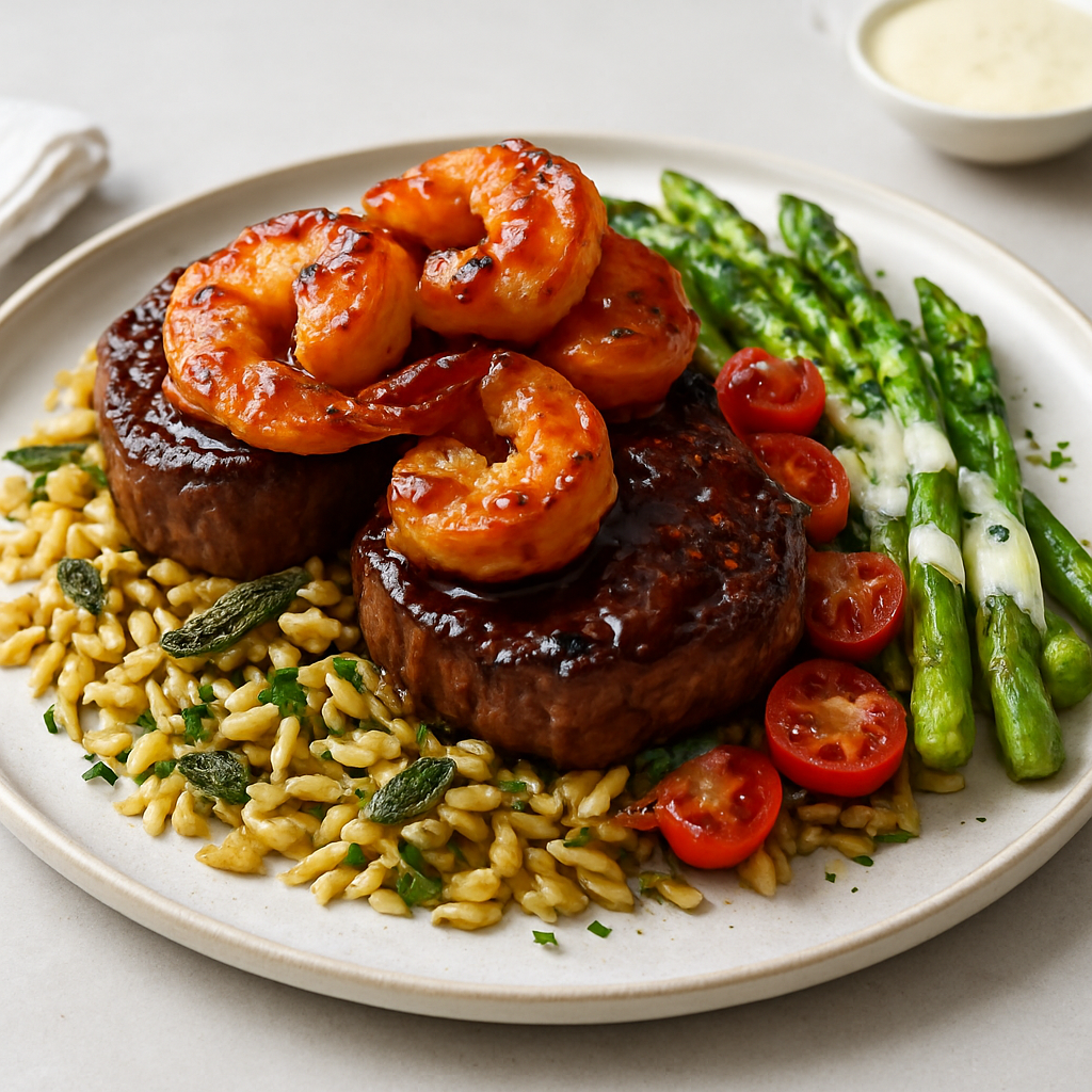 Pan-Asian Fusion Surf & Turf with Crispy Sage Orzo and Sweet Chilli-Hoisin Glaze
