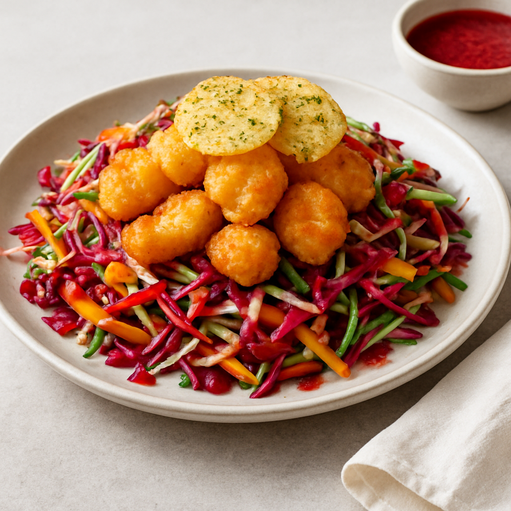 Crispy Cheese Curd Salad with Raspberry Vinaigrette and Egg Crisps