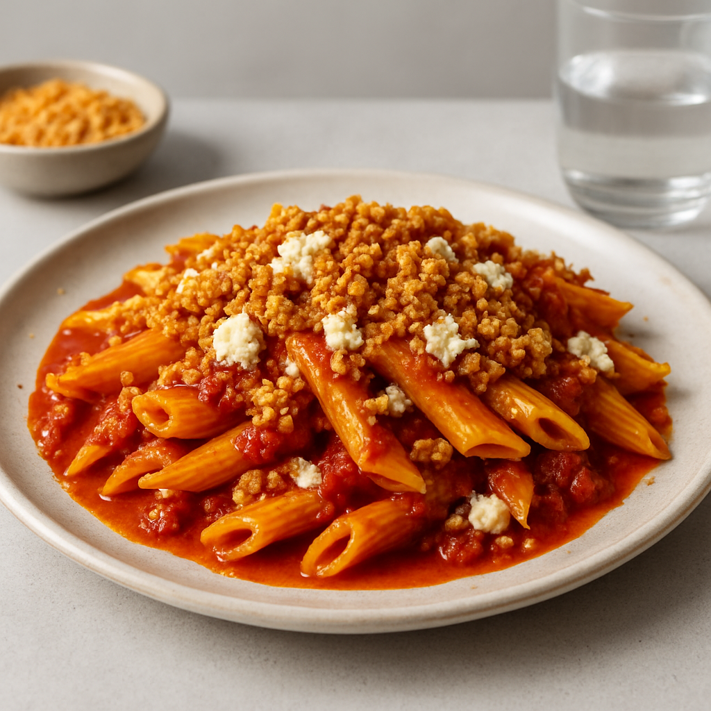 Curry-Spiced Penne with Charred Tomato Coulis and Crispy Couscous Crumble