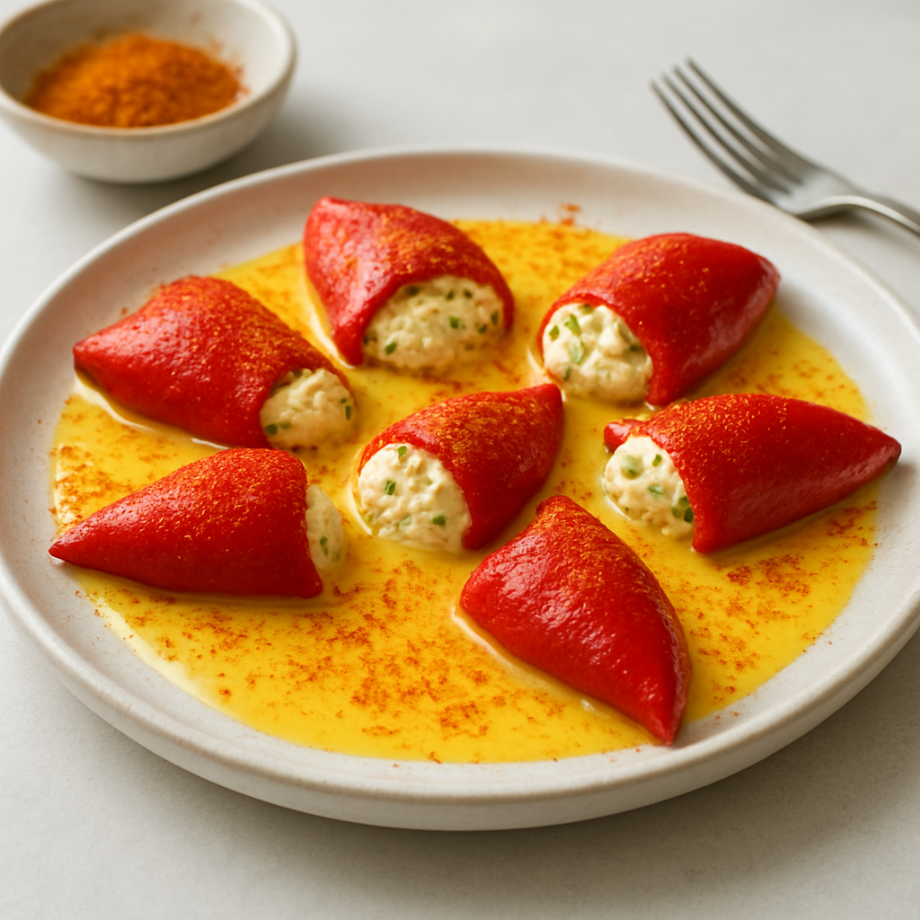 Mascarpone-Stuffed Piquillo Peppers with Saffron Beurre Blanc and Romesco Dust
