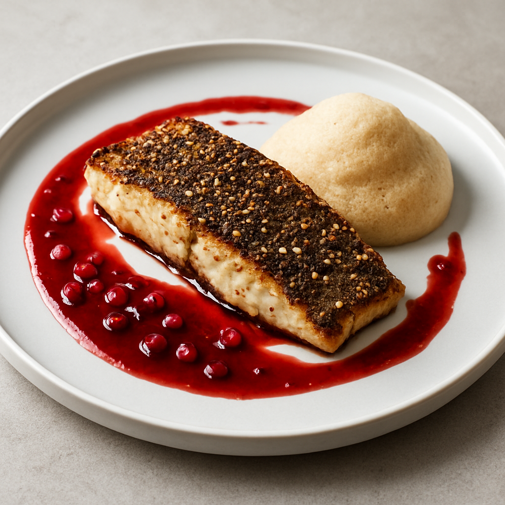 Charred Oslić with Za'atar Crust, Pomegranate Gastrique, and Crispy Chickpea Foam