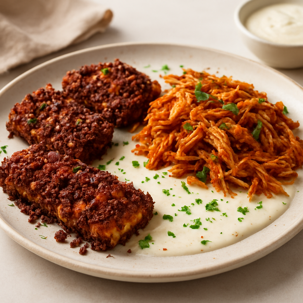 Crispy Bacon & Chocolate Granola Saganaki with Paprika Chicken & Creamy Lemon Reduction