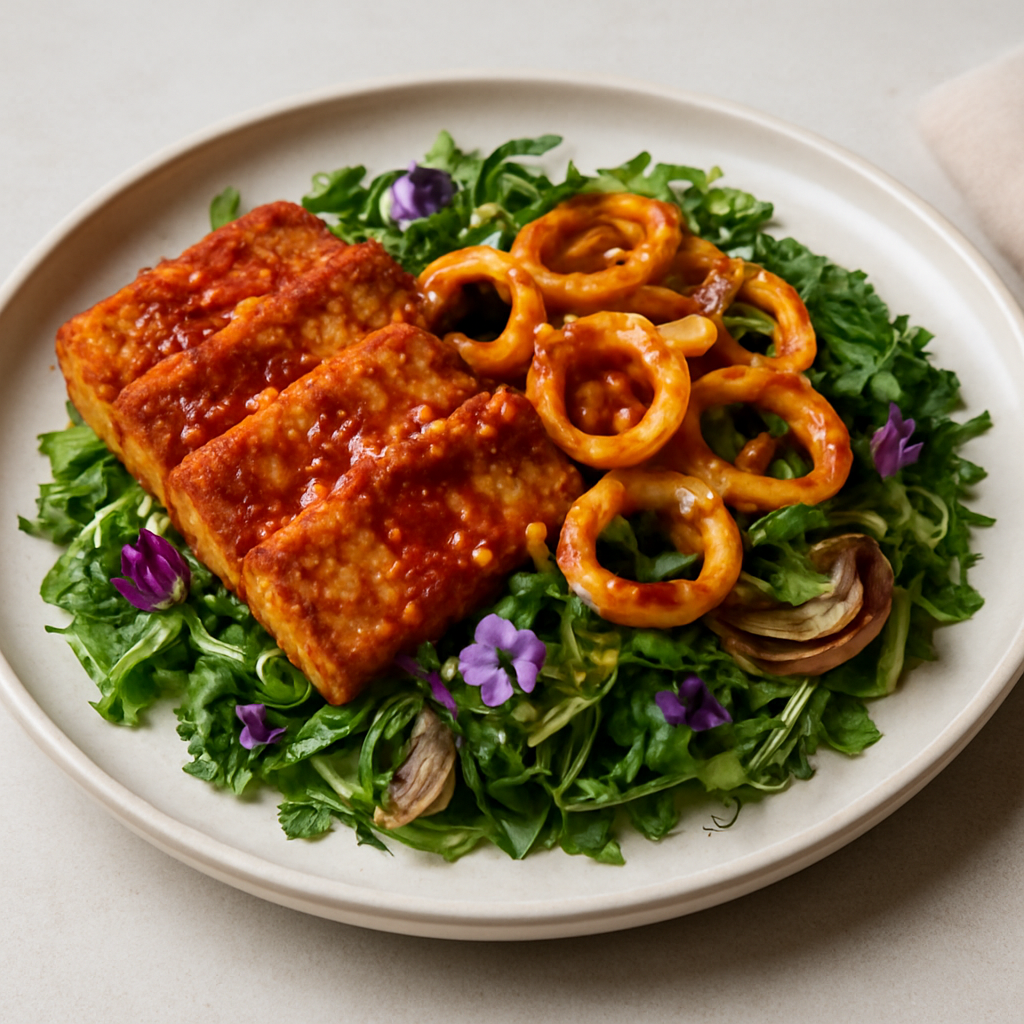 Crispy Tofu & Squid Saganaki with Gochujang-Feta Drizzle and Vietnamese Herb Ribbon Salad