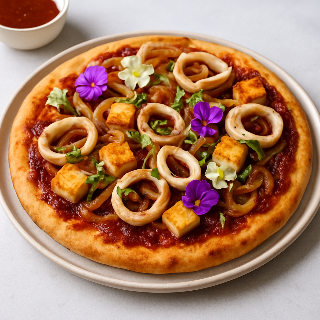 Gochujang Squid & Tofu Pizza with Crispy Grilled Onion & Edible Flowers