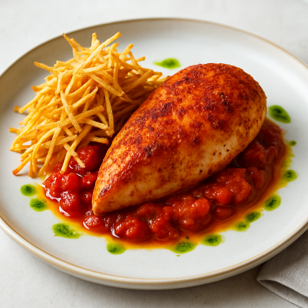 Moroccan-Modern Paprika Chicken with Crispy Potato Crisps and Tomato Confit Reduction