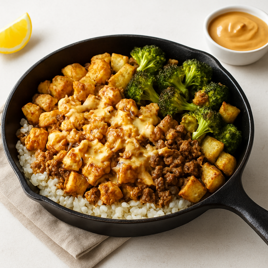 Classic American Chicken and Beef Skillet with Rice and Roasted Vegetables