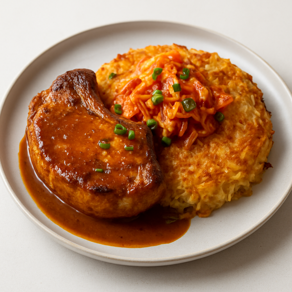 Miso-Curry Pork Chop with Crispy Cheese Egg Noodle Cake