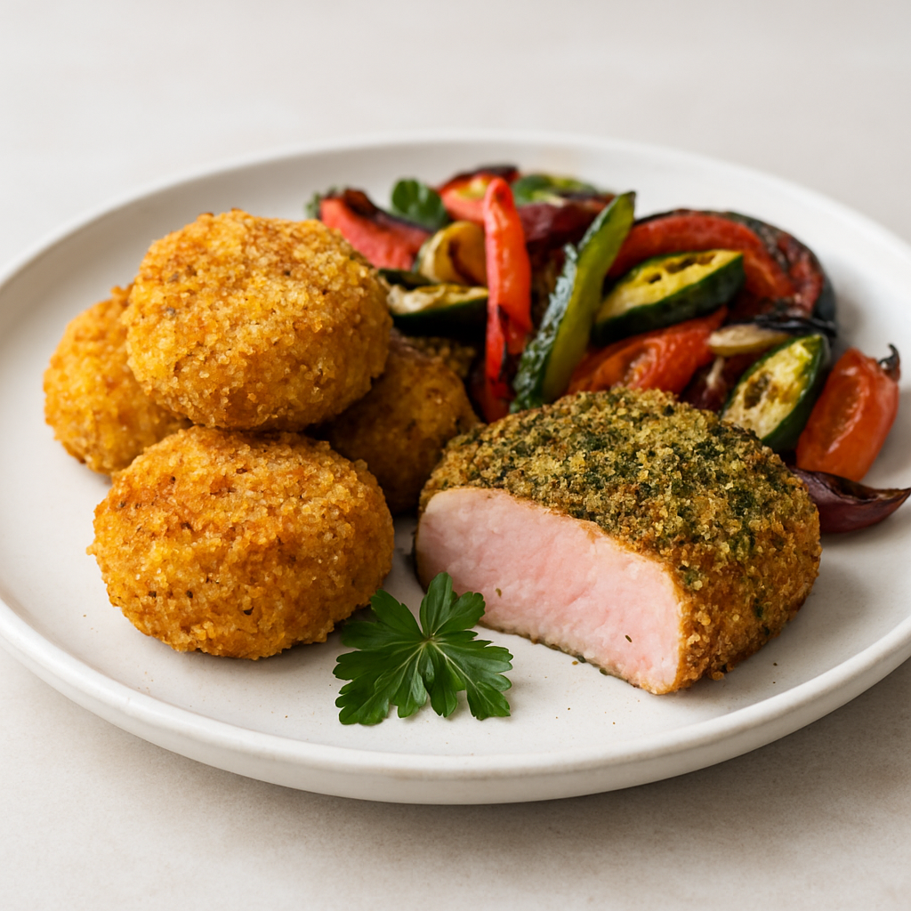 Crispy Halal Butternut & Quinoa Croquettes with Herb-Crusted Turkey Ham & Charred Vegetable Medley