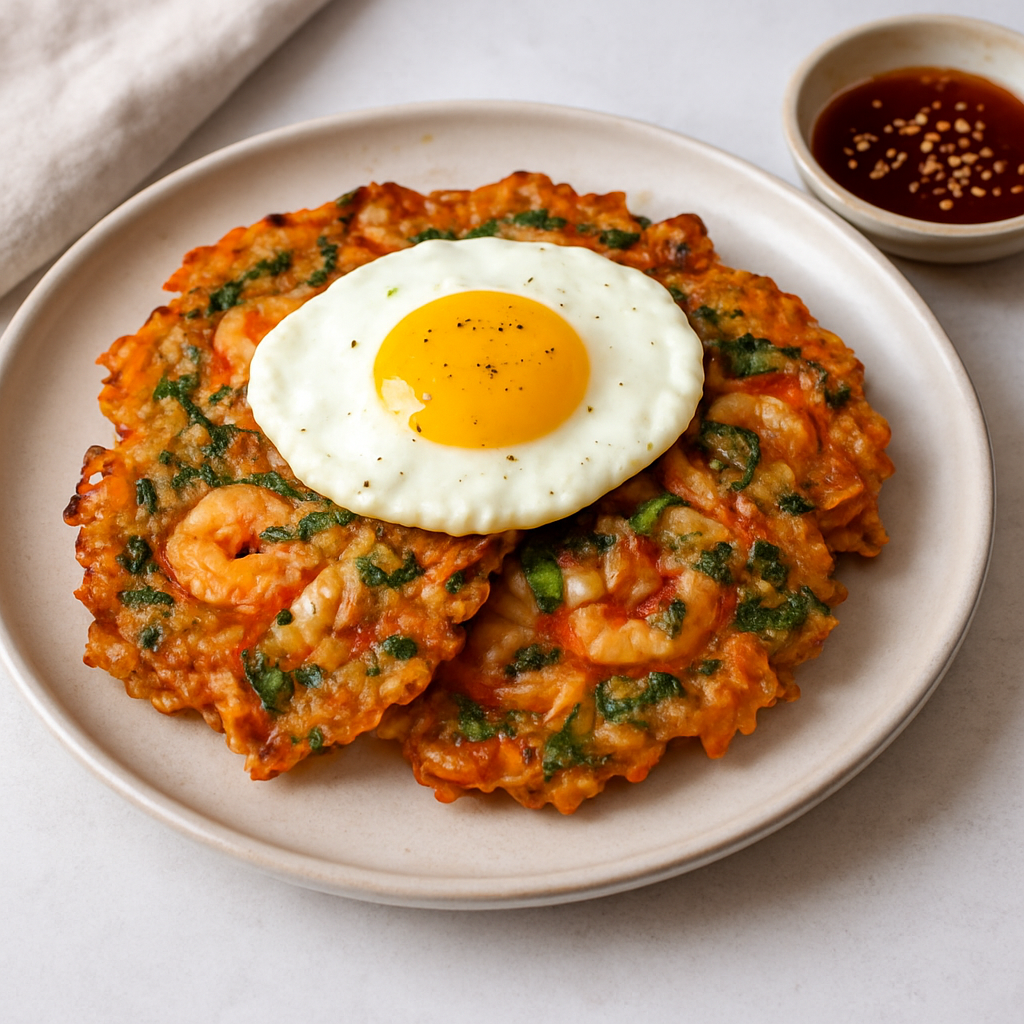 Korean Seafood and Kimchi Fritters with Egg