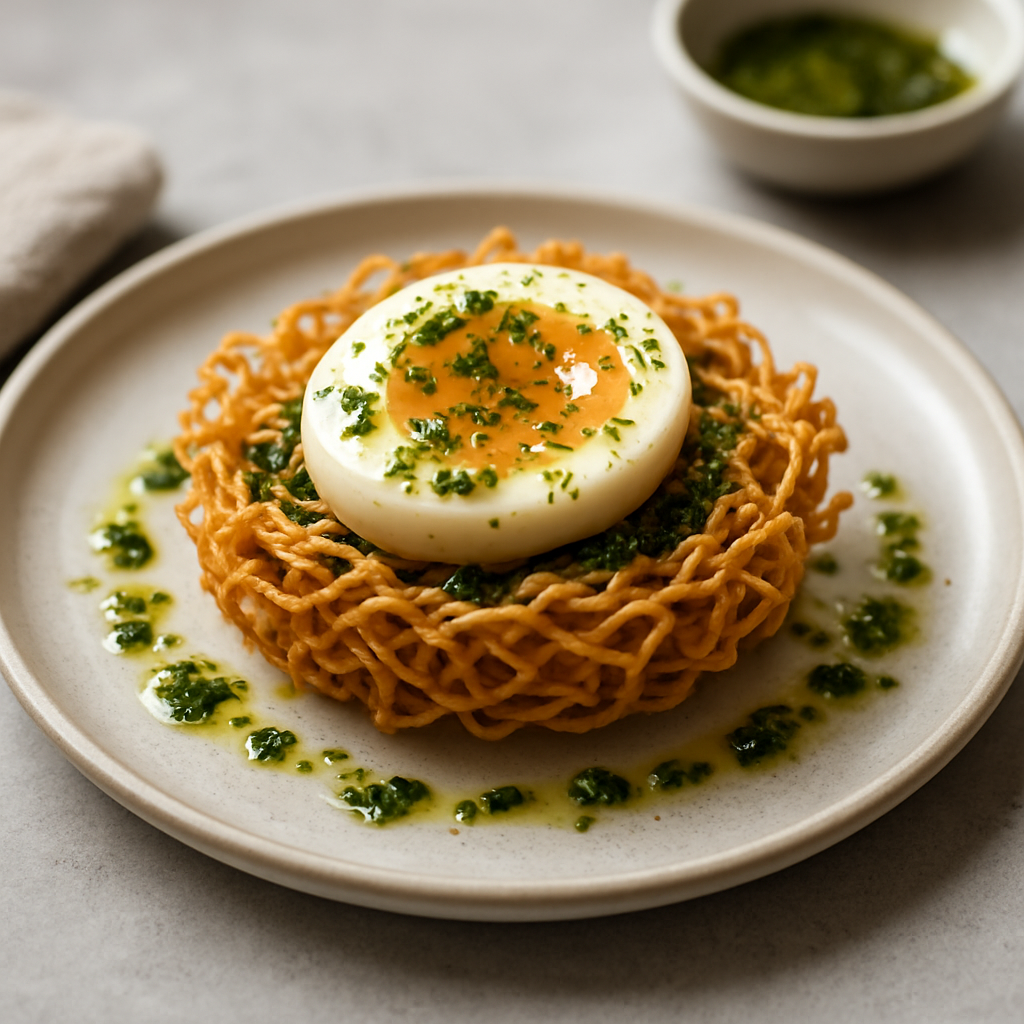 Crispy Thai-Italian Egg Noodle Nest with Mediterranean Herb Oil & Soy-Parmesan Crust