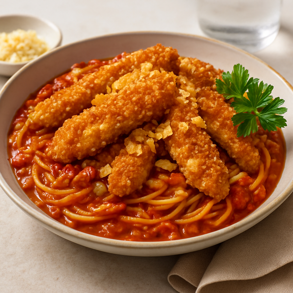 Umami Fusion Crispy Chicken Noodle Bowl with Tomato-Soy Glaze