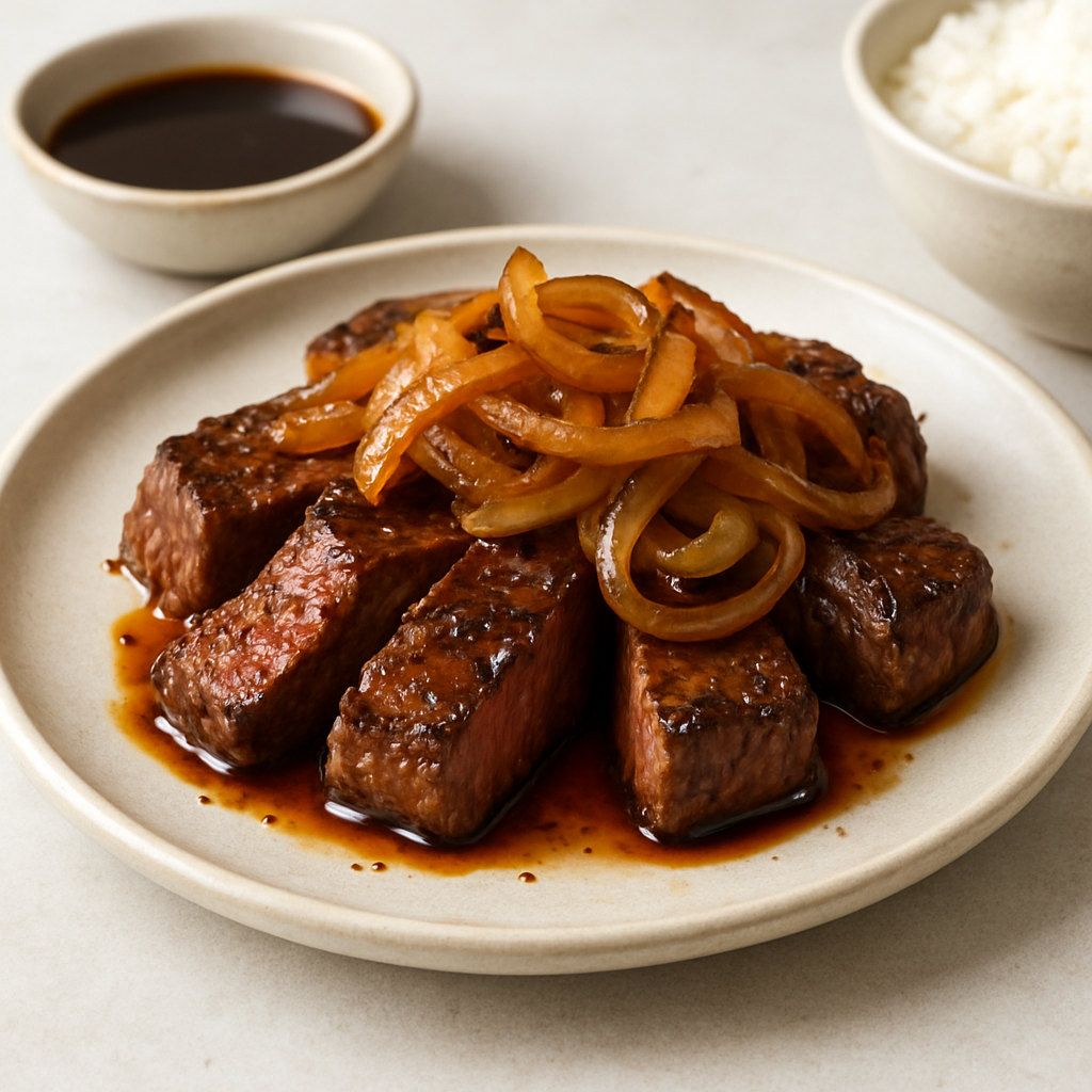 Soy-Spiced Grilled Steak with Caramelized Onions