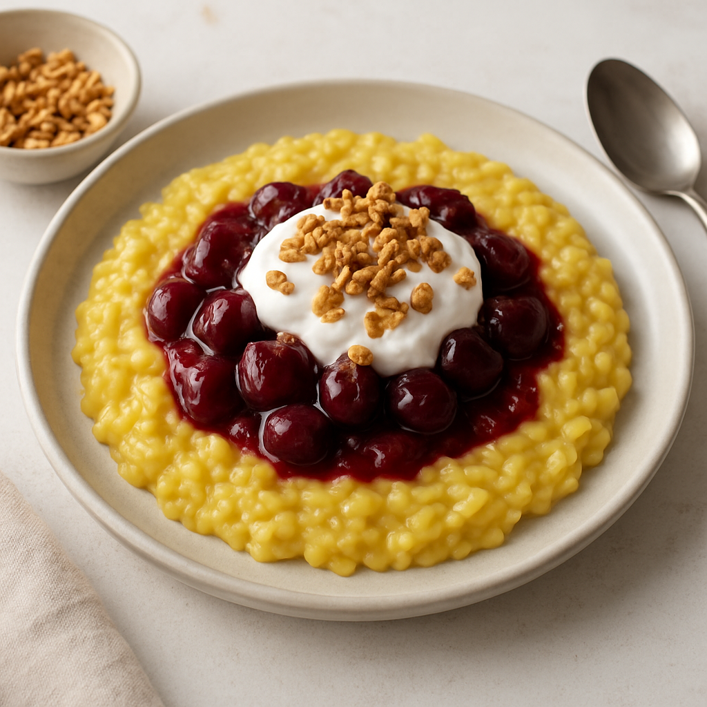 Sour Cherry Risotto with Saffron Honey Oats and Yogurt Cream