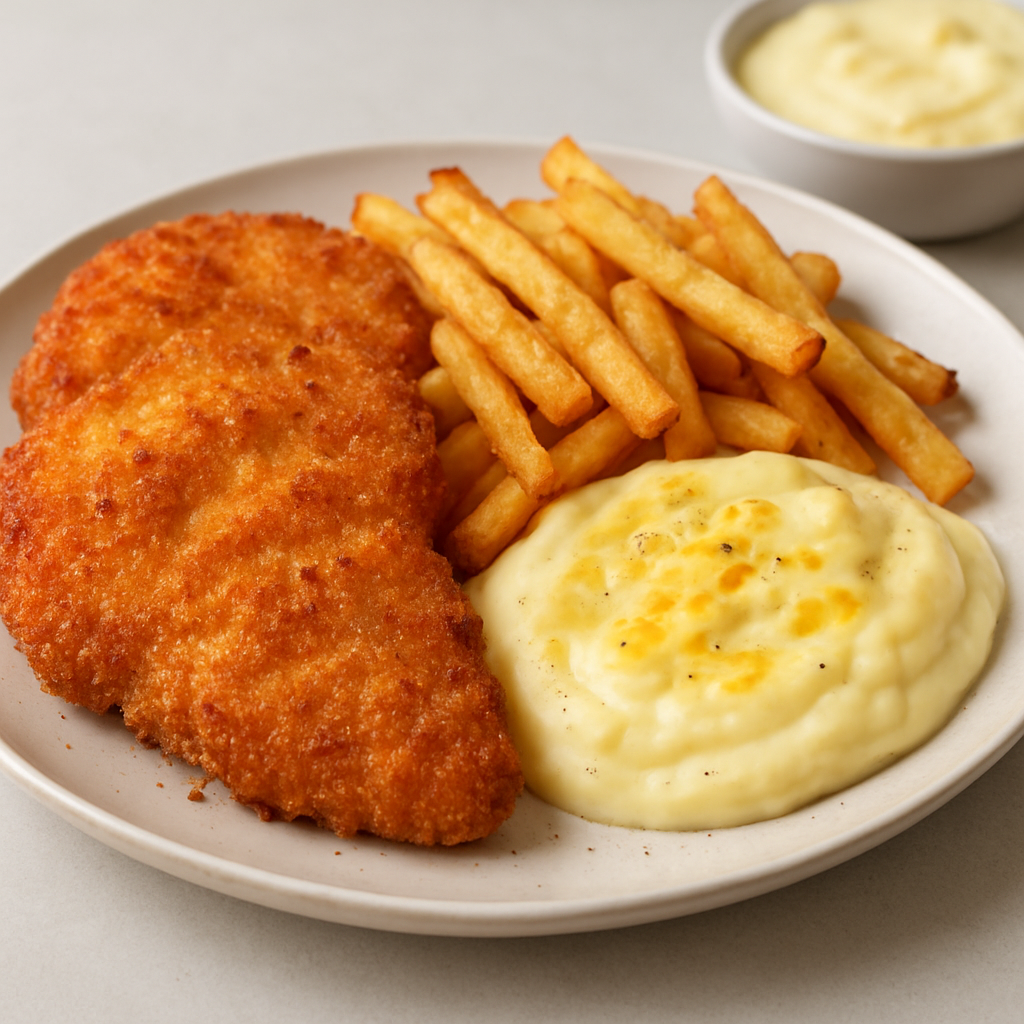 Crispy Chicken with Cheesy Fries and Mashed Potato Sauce