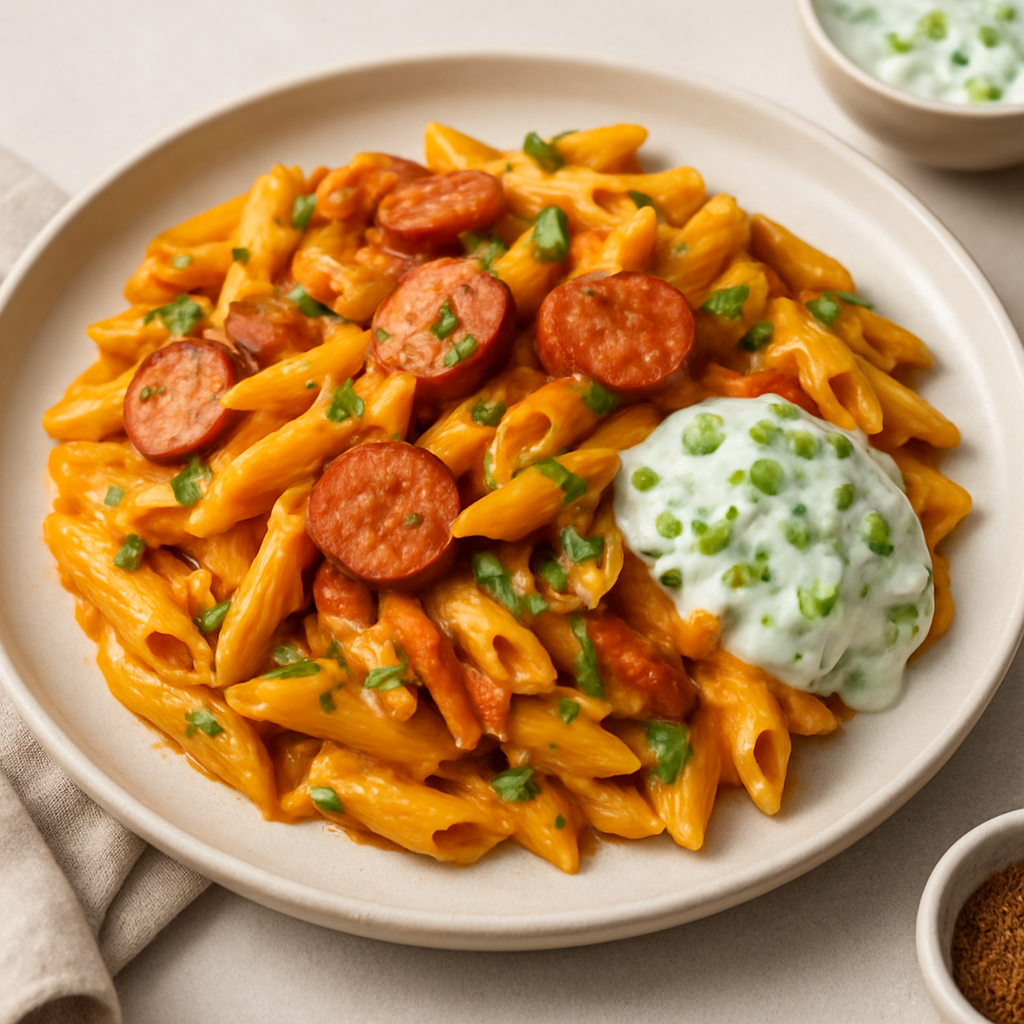 Spiced Kabanos Creamy Penne with Cornichon Pickle Raita